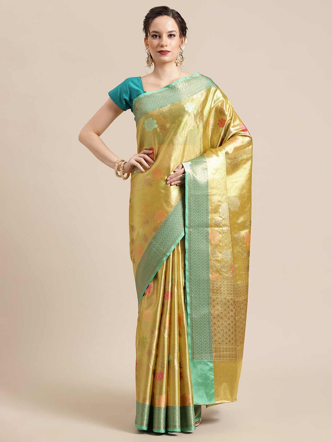 Faishana Presents Antique Gold & Seagreen Tissue Meena Jaal Zari Border With Seagreen Blouse Banarasi Saree