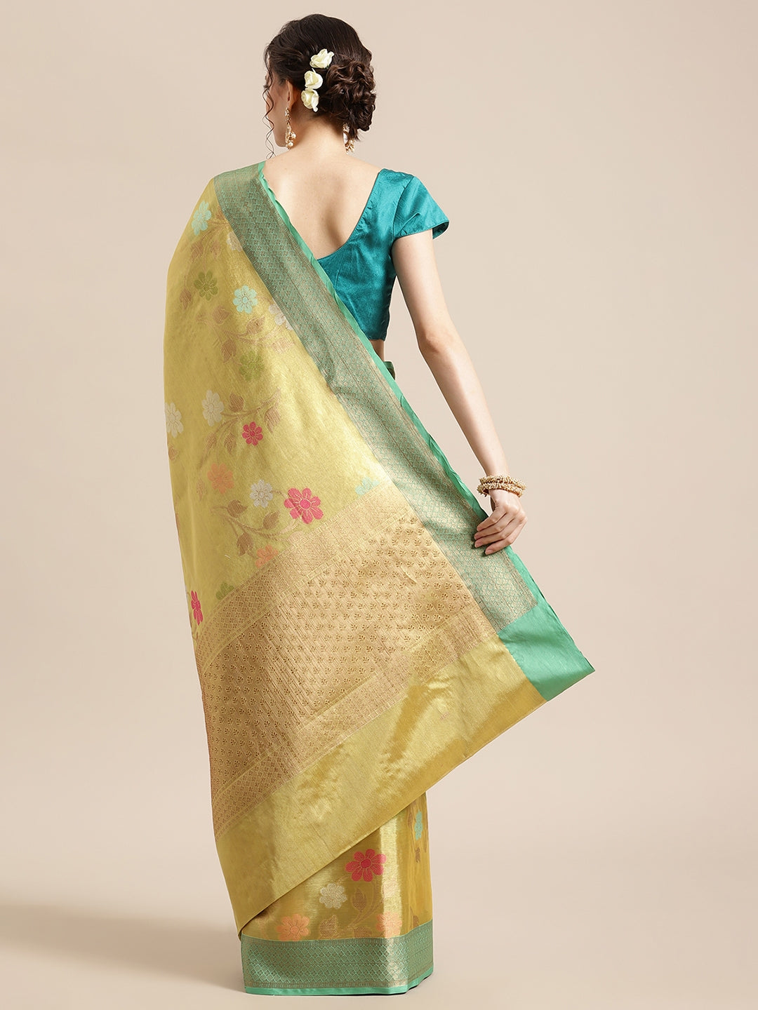 Faishana Presents Antique Gold & Seagreen Tissue Meena Jaal Zari Border With Seagreen Blouse Banarasi Saree