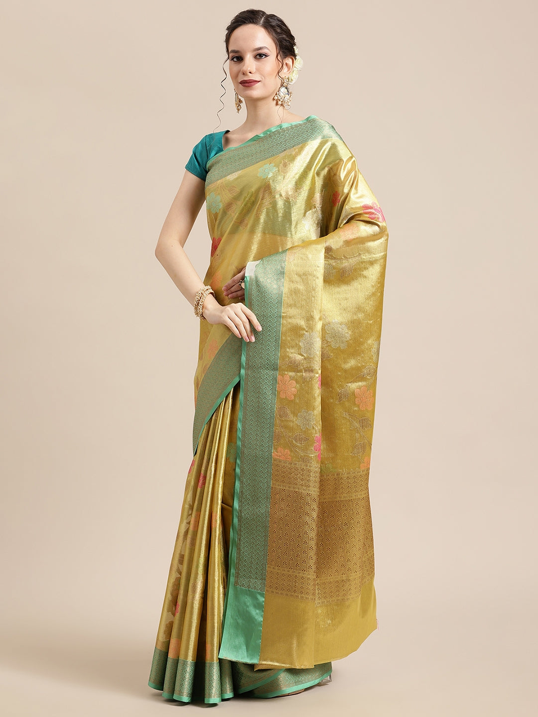 Faishana Presents Antique Gold & Seagreen Tissue Meena Jaal Zari Border With Seagreen Blouse Banarasi Saree