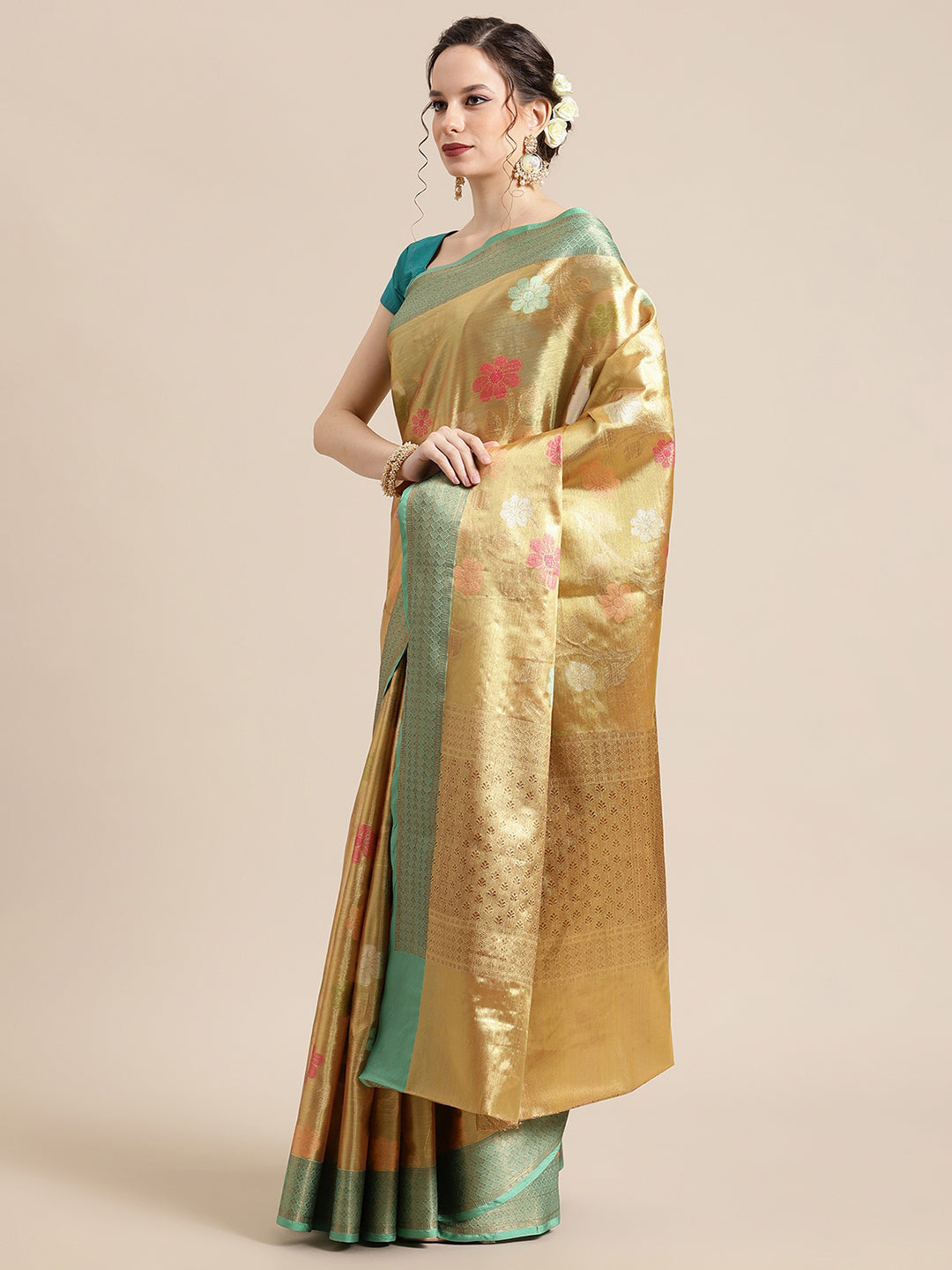 Faishana Presents Pure Gold & Seagreen Tissue Meena Jaal Border With Gold Blouse Banarasi Saree