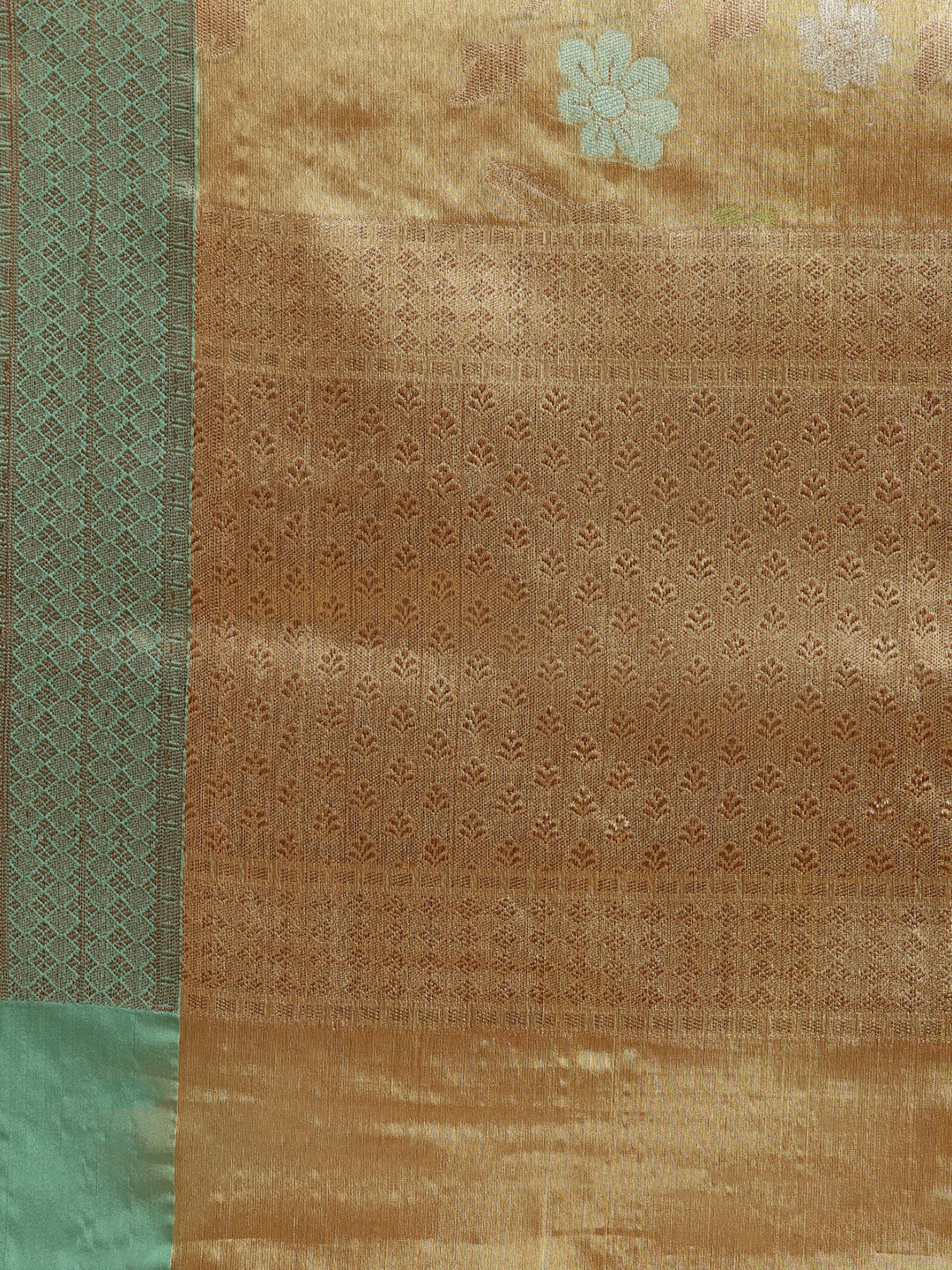 Faishana Presents Pure Gold & Seagreen Tissue Meena Jaal Border With Gold Blouse Banarasi Saree