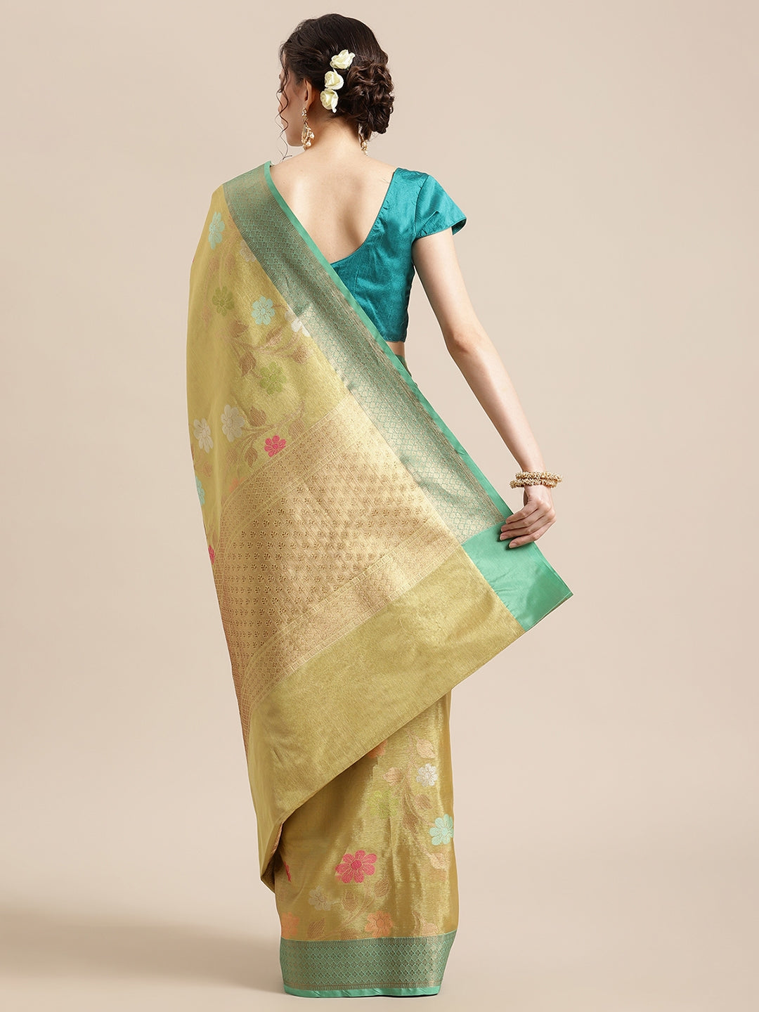 Faishana Presents Lemon Gold & Seagreen Tissue Meena Jaal Zari Border With Gold Blouse Banarasi Saree
