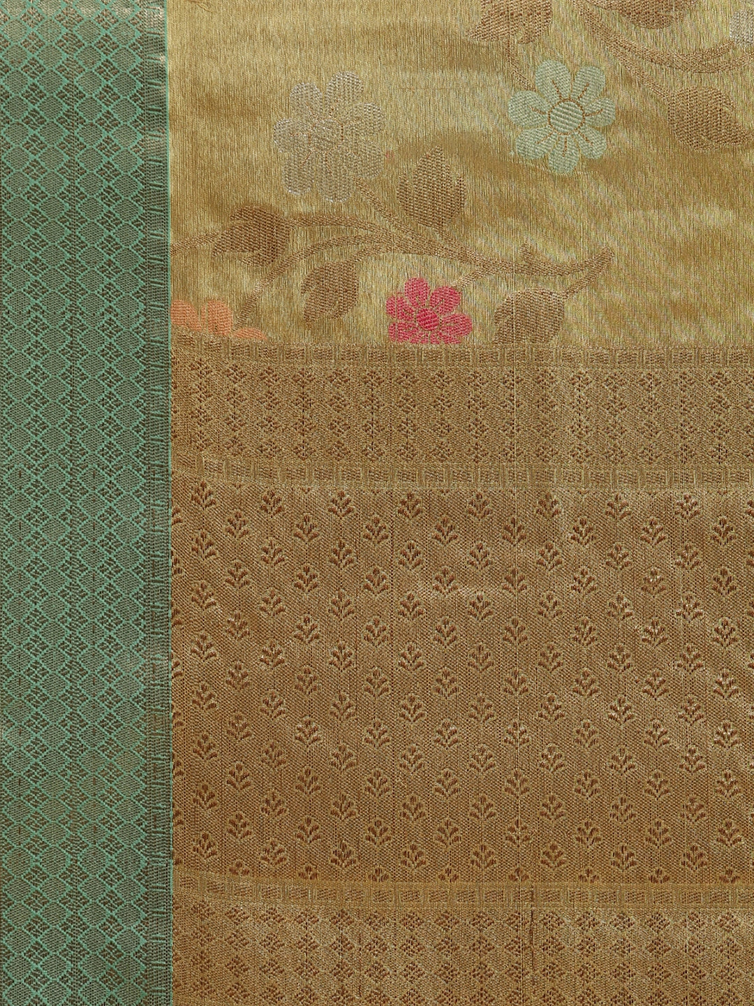 Faishana Presents Lemon Gold & Seagreen Tissue Meena Jaal Zari Border With Gold Blouse Banarasi Saree