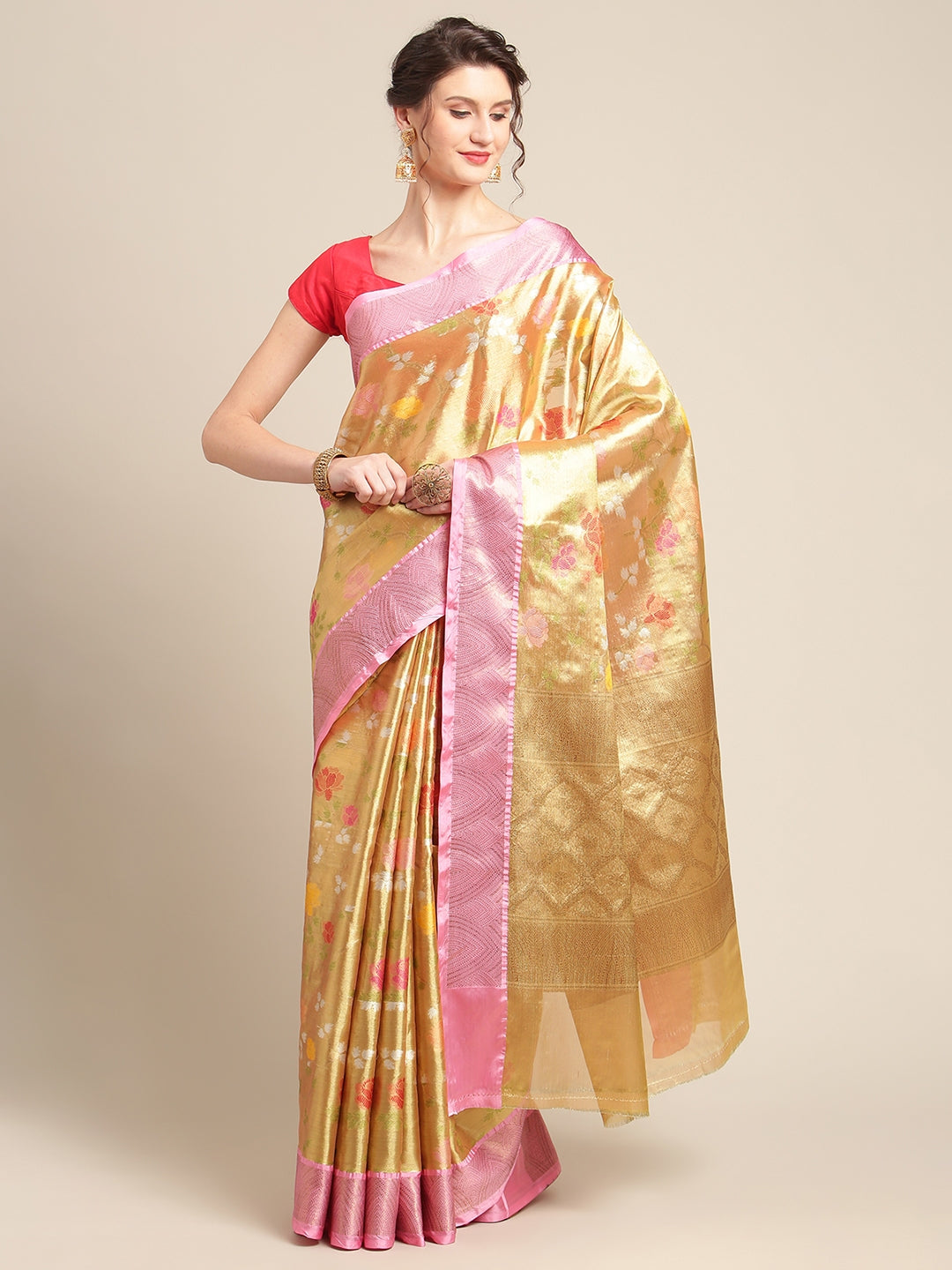 Faishana Presents Antique Gold & Pink Tilfi Jamdani Jaal Border With Gold Blouse Banarasi Saree