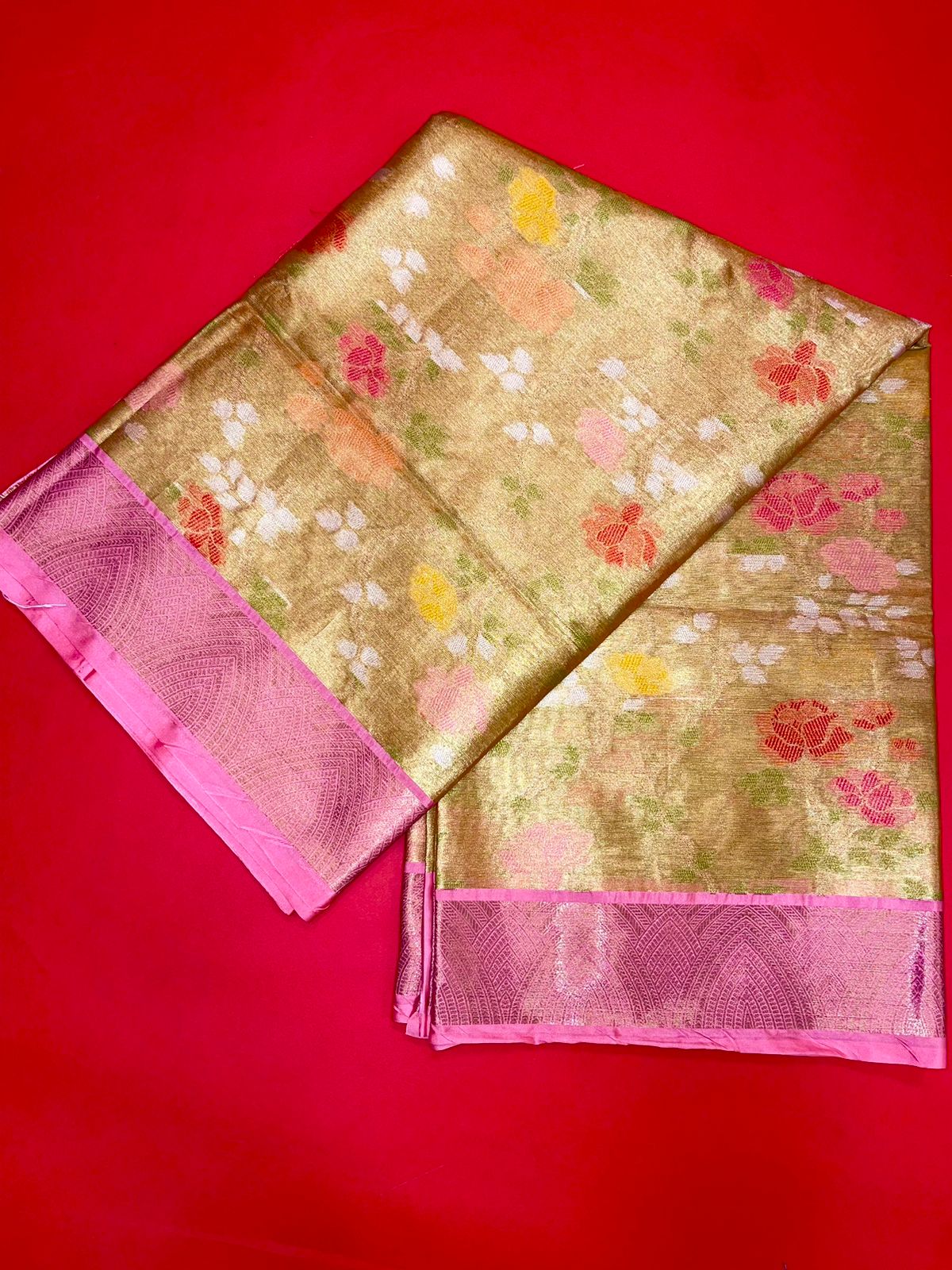 Faishana Presents Antique Gold & Pink Tilfi Jamdani Jaal Border With Gold Blouse Banarasi Saree
