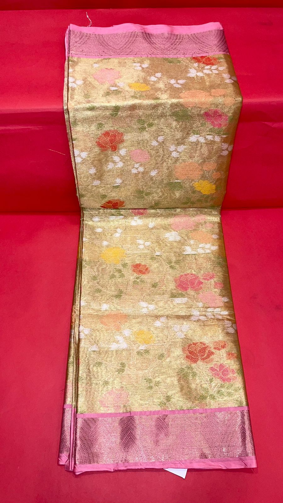 Faishana Presents Antique Gold & Pink Tilfi Jamdani Jaal Border With Gold Blouse Banarasi Saree