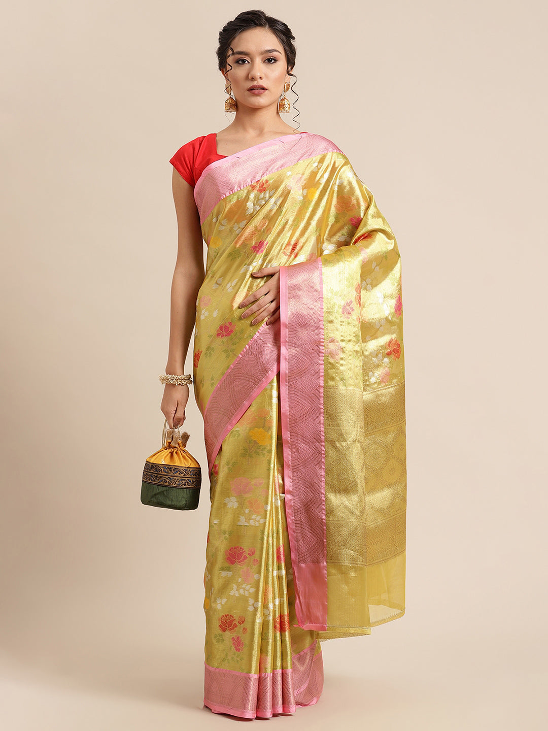 Faishana Presents Lemon Gold & Pink Tilfi Jamdani Jaal Zari Border With Gold Blouse Banarasi Saree