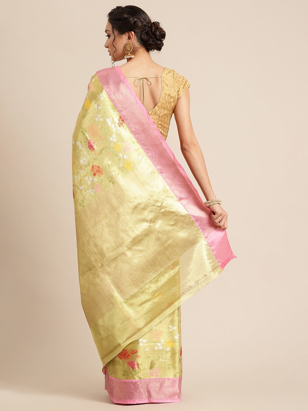 Faishana Presents Pistachio Gold & Pink Tilfi Jamdani Jaal Border With Gold Blouse Banarasi Saree