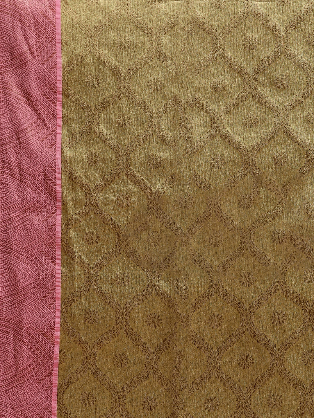 Faishana Presents Pistachio Gold & Pink Tilfi Jamdani Jaal Border With Gold Blouse Banarasi Saree