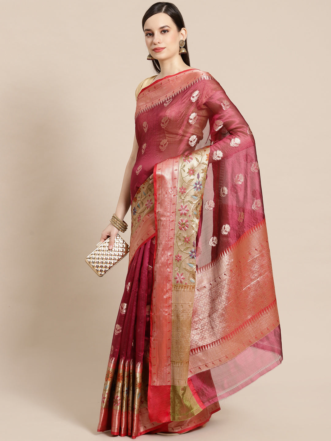 Faishana Presents Magenta & Red Paithani Border With Booti Art Silk Skirt Paithani Border With Red Blouse Banarasi Saree