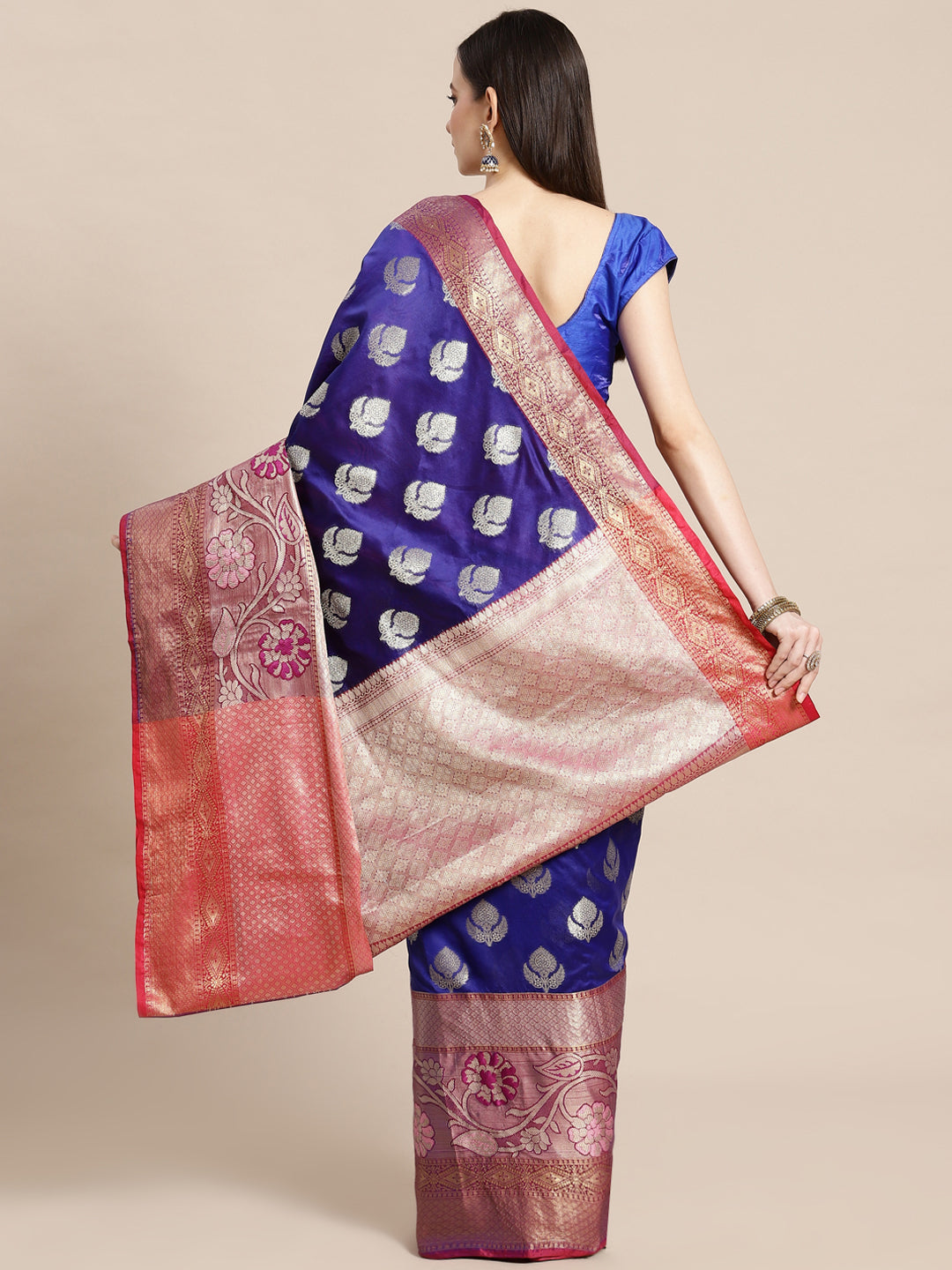 Faishana Presents Royal Blue & Magenta Booti Art Silk Meena Skirt Paithani Banarasi Border With Magenta Blouse Banarasi Saree