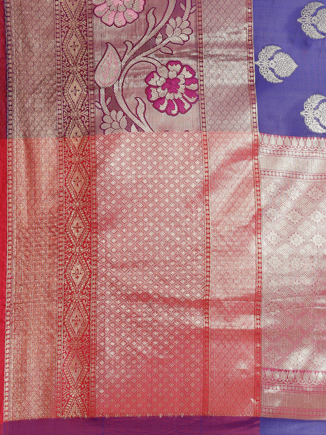 Faishana Presents Royal Blue & Magenta Booti Art Silk Meena Skirt Paithani Banarasi Border With Magenta Blouse Banarasi Saree