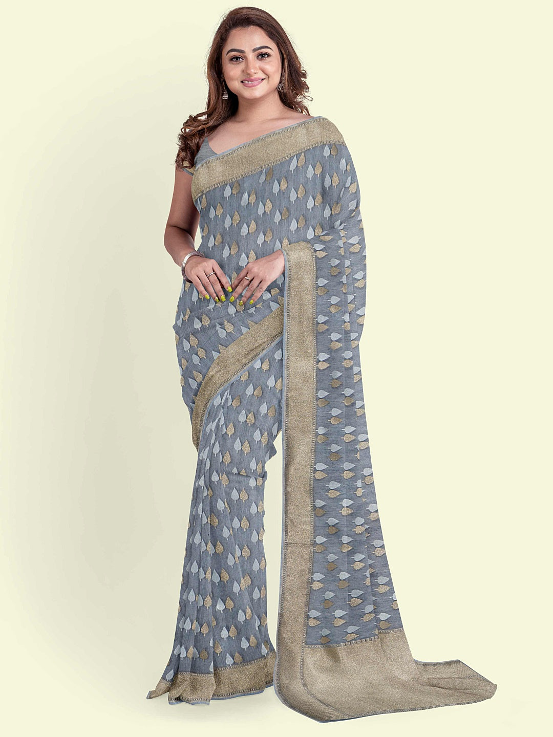Faishana Presents Black Cotton Chunri Booti With Grey Blouse Banarasi Saree