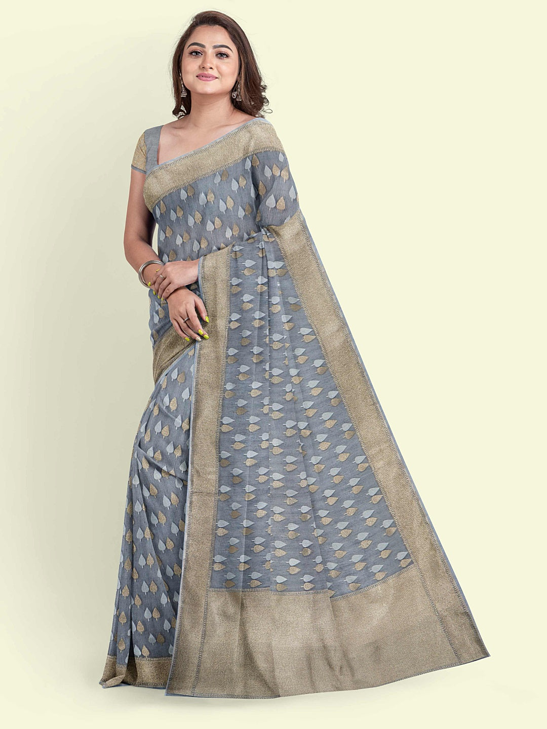Grey Cotton Blend Banarasi Sarees For Women GEASF_700