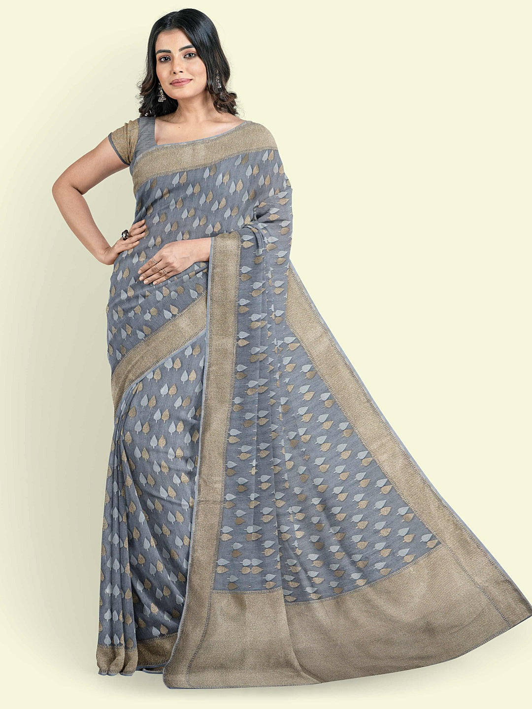 Grey Cotton Blend Banarasi Sarees For Women GEASF_700