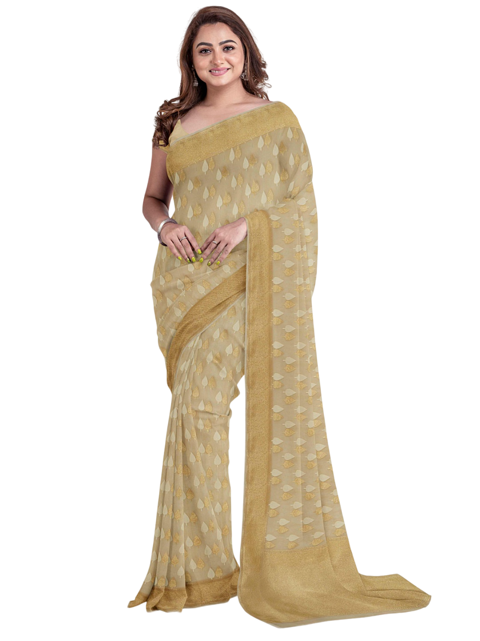 Faishana Presents Beige Kora Cotton Chunri Booti With Beige Blouse Banarasi Saree