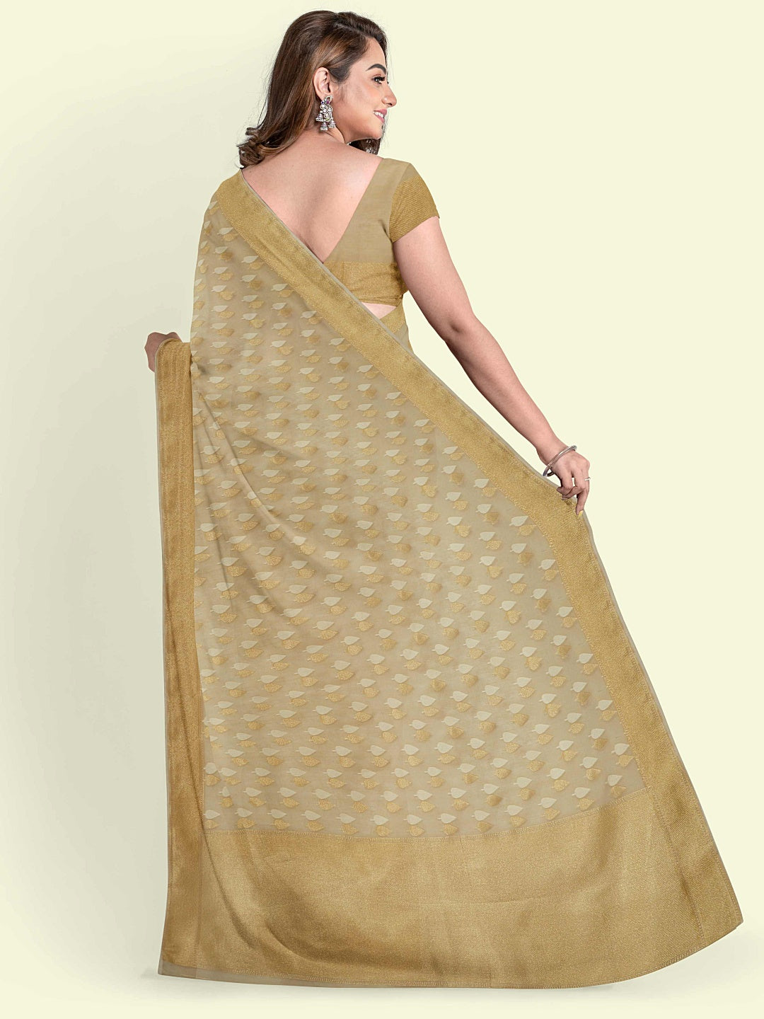 Faishana Presents Beige Kora Cotton Chunri Booti With Beige Blouse Banarasi Saree