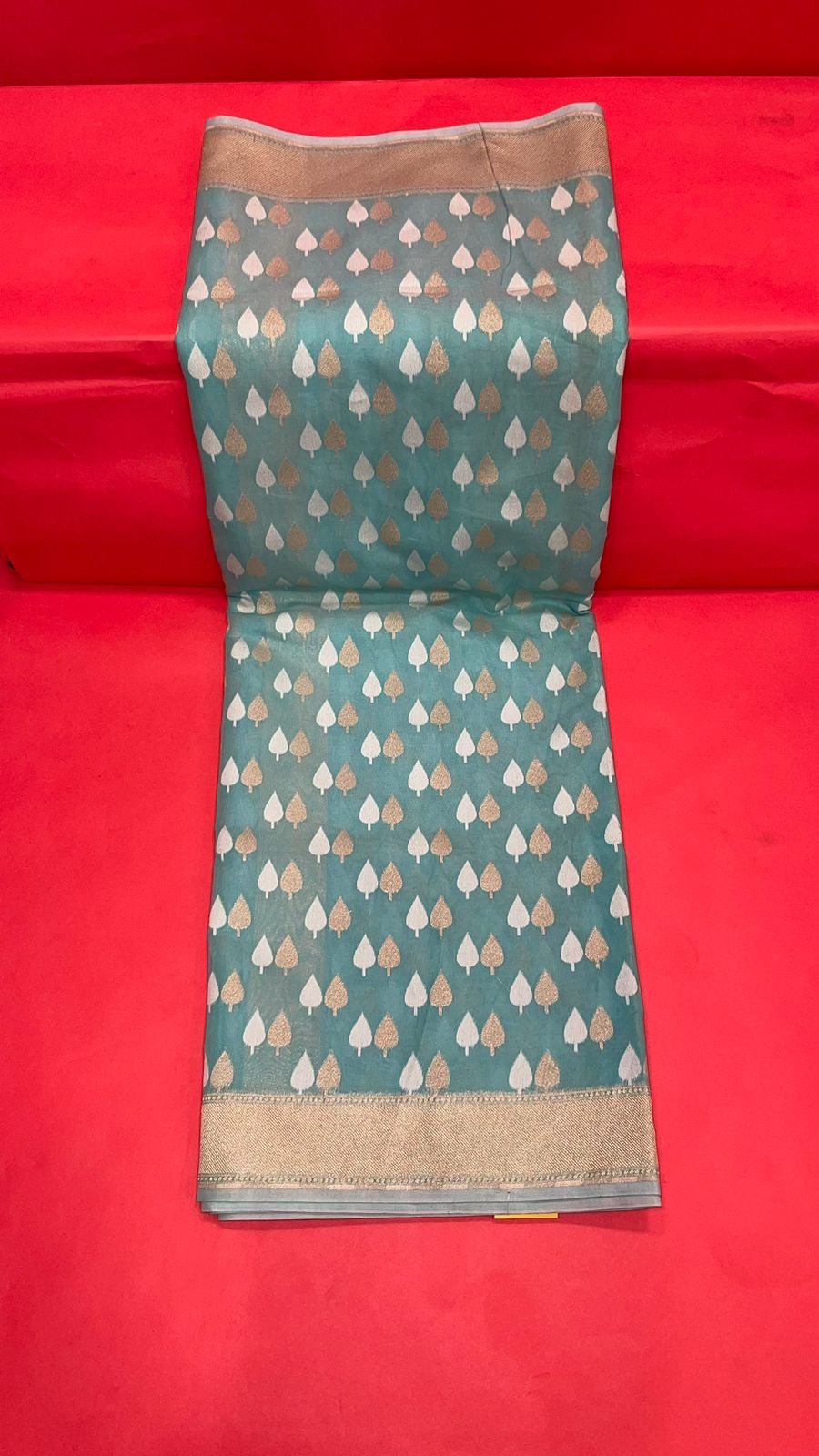 Faishana Presents Sea Green Kora Cotton Chunri Booti With Sea Green Blouse Banarasi Saree