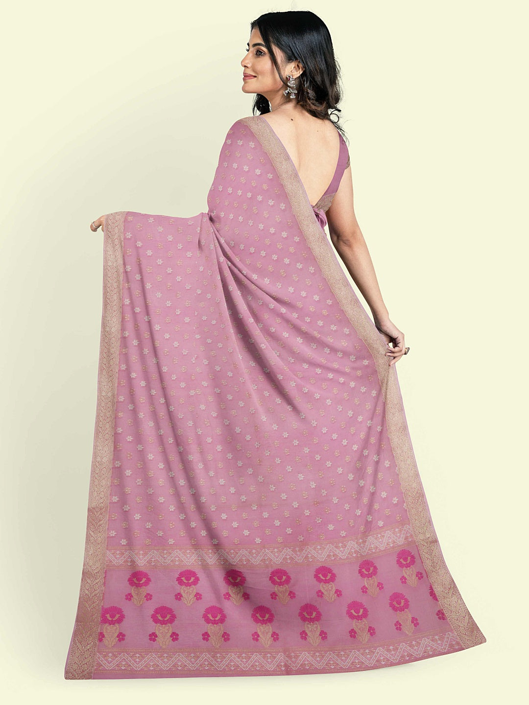 Faishana Presents Pink Kora Cotton Alfi Booti With Pink Blouse Banarasi Saree