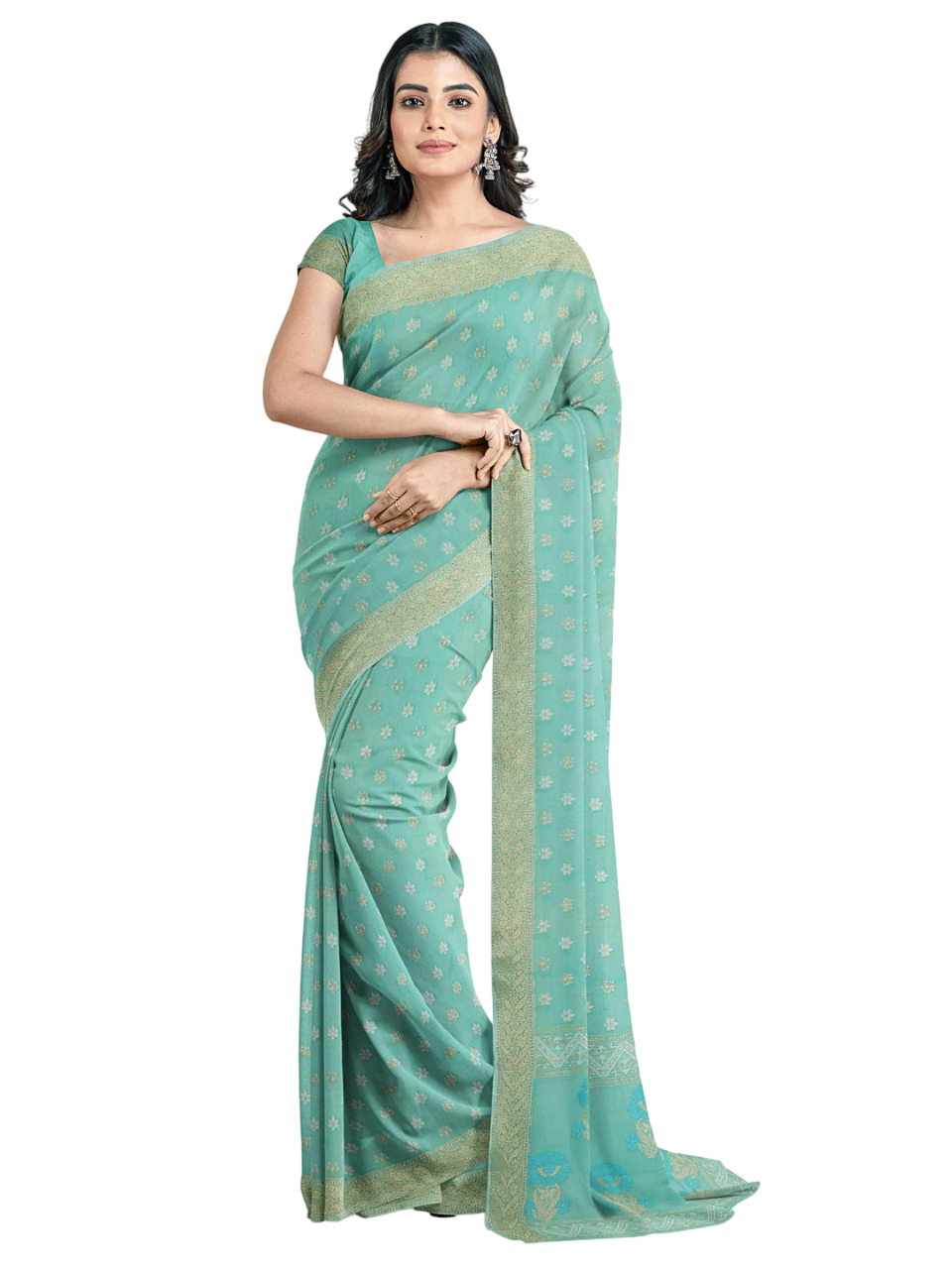 Faishana Presents Sea Green Kora Cotton Alfi Booti With Sea Green Blouse Banarasi Saree