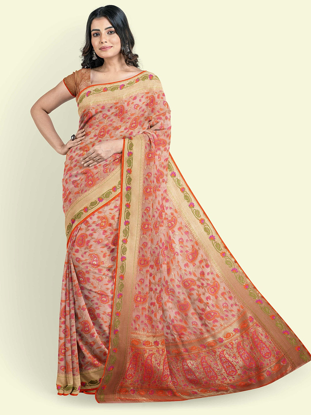 Peach Cotton Blend Banarasi Sarees For Women GEASF_710