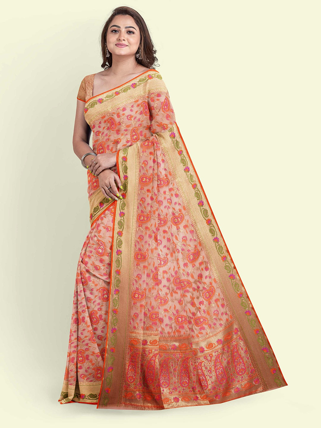 Peach Cotton Blend Banarasi Sarees For Women GEASF_710