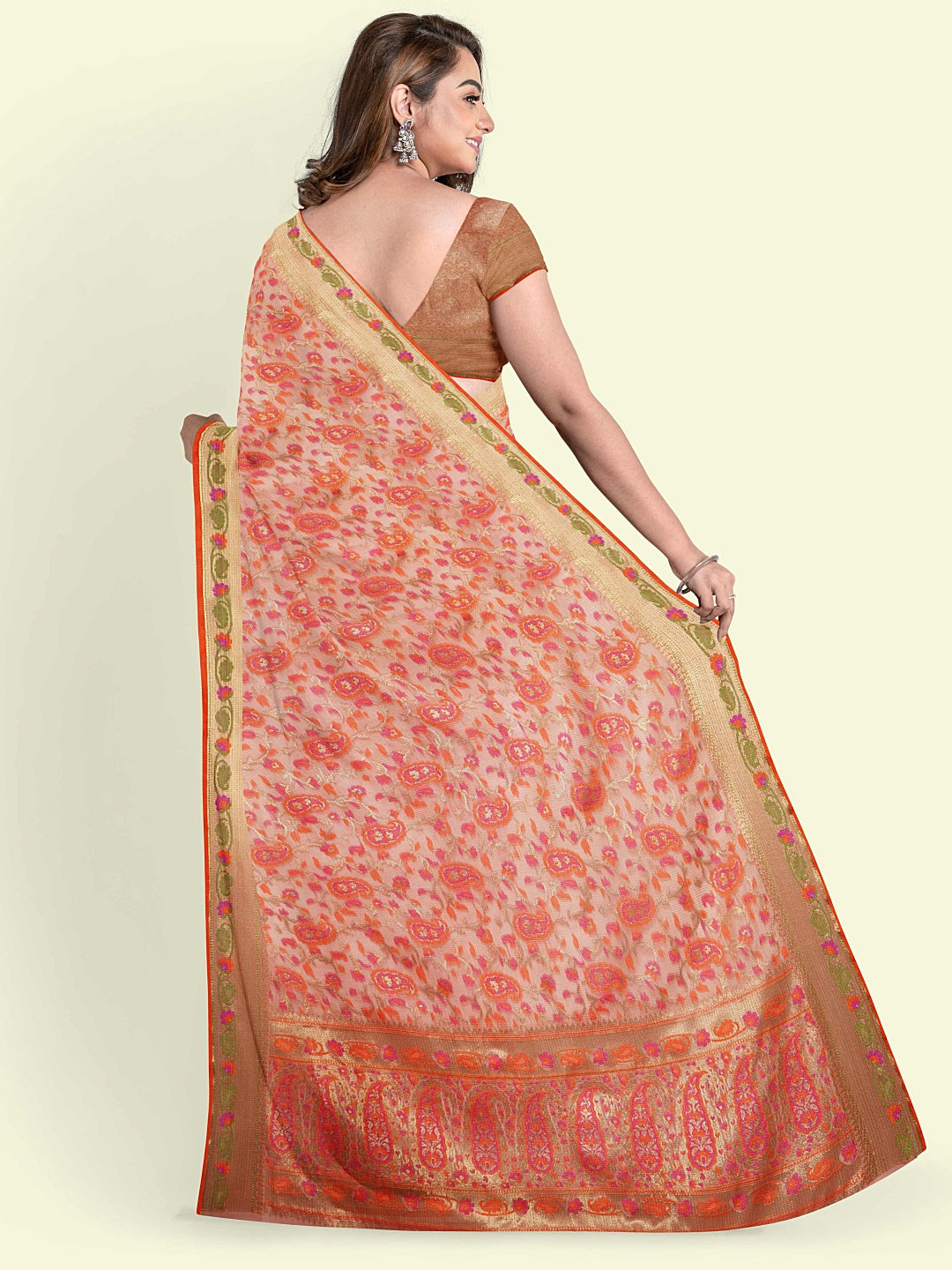 Peach Cotton Blend Banarasi Sarees For Women GEASF_710