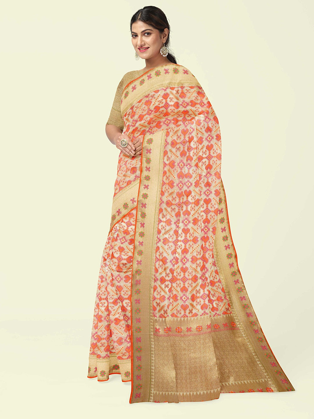 Faishana Presents Beige Abstarct Huge Square Pattern With Beige Border And Beige Blouse Banarasi Saree