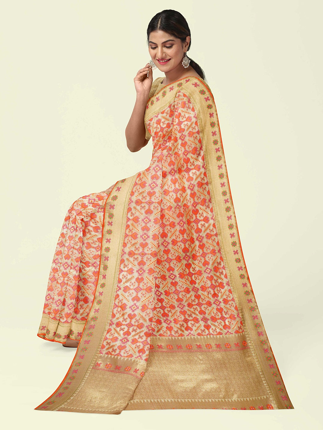 Faishana Presents Beige Abstarct Huge Square Pattern With Beige Border And Beige Blouse Banarasi Saree