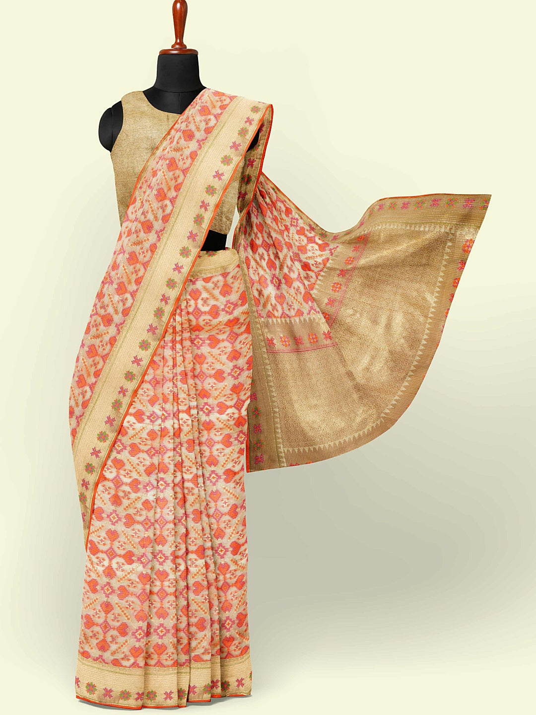Faishana Presents Beige Abstarct Huge Square Pattern With Beige Border And Beige Blouse Banarasi Saree