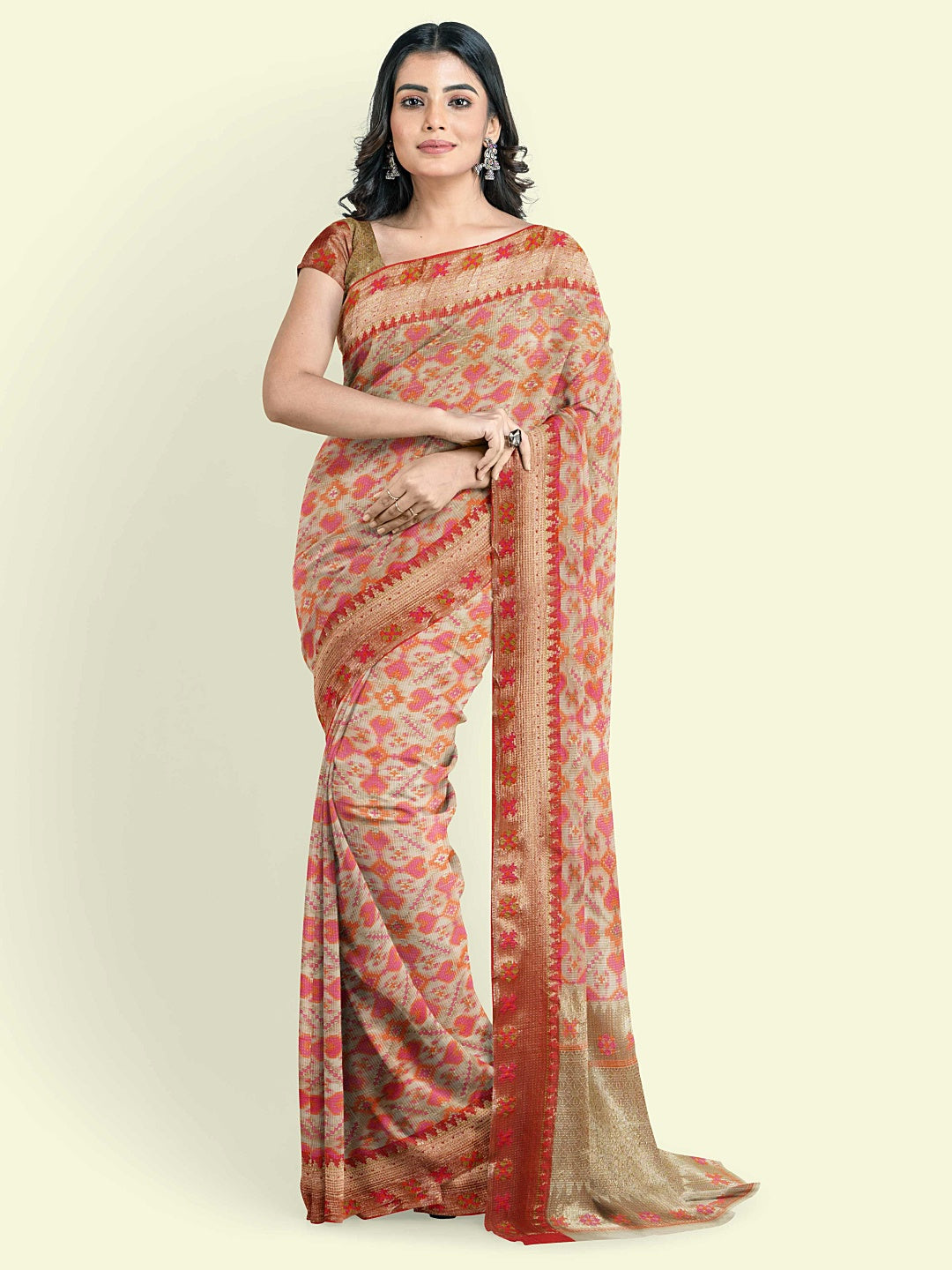 Faishana Presents Beige Floral Jaal Pattern With Beige Border And Beige Blouse Banarasi Saree