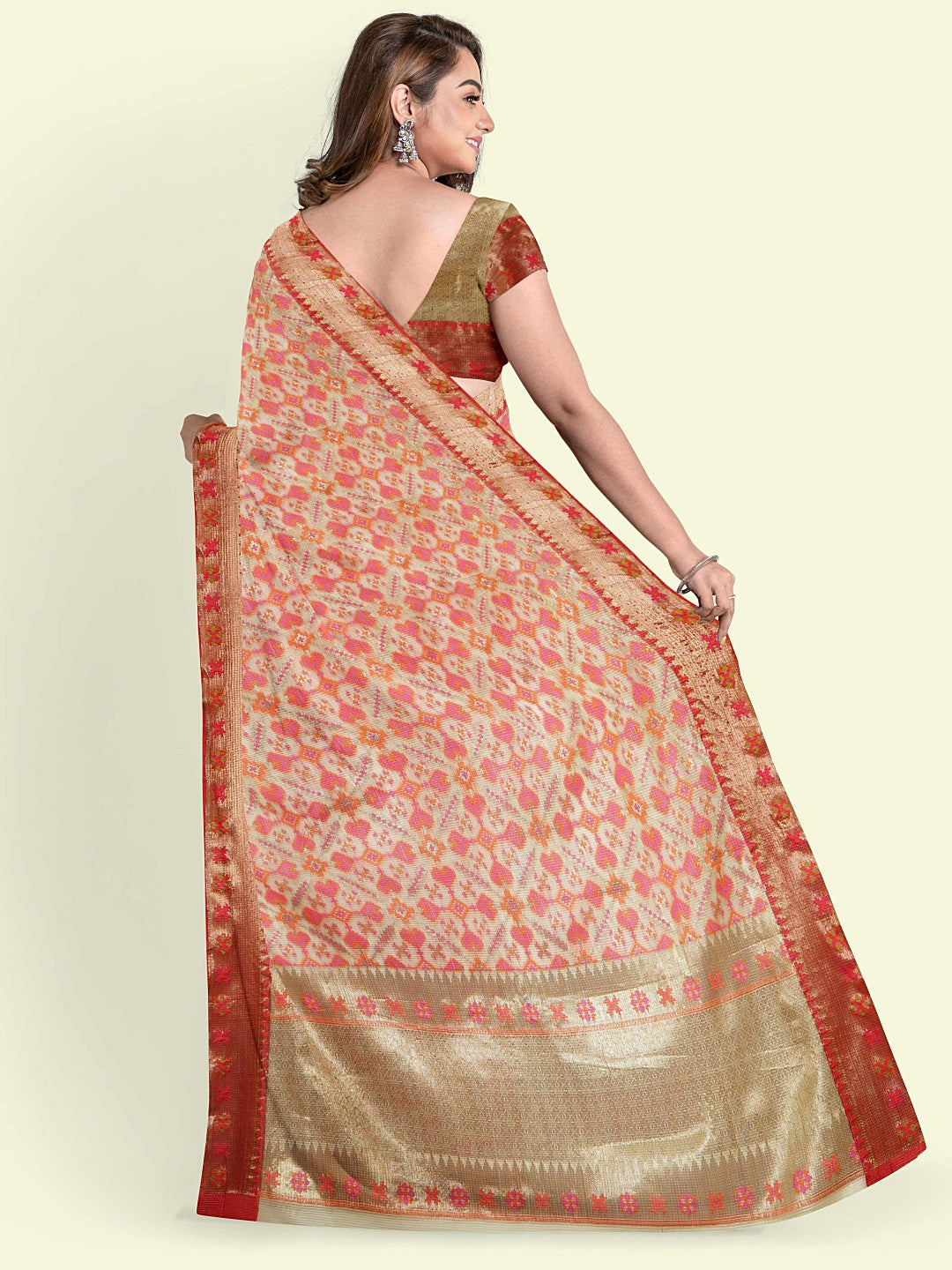 Faishana Presents Beige Floral Jaal Pattern With Beige Border And Beige Blouse Banarasi Saree