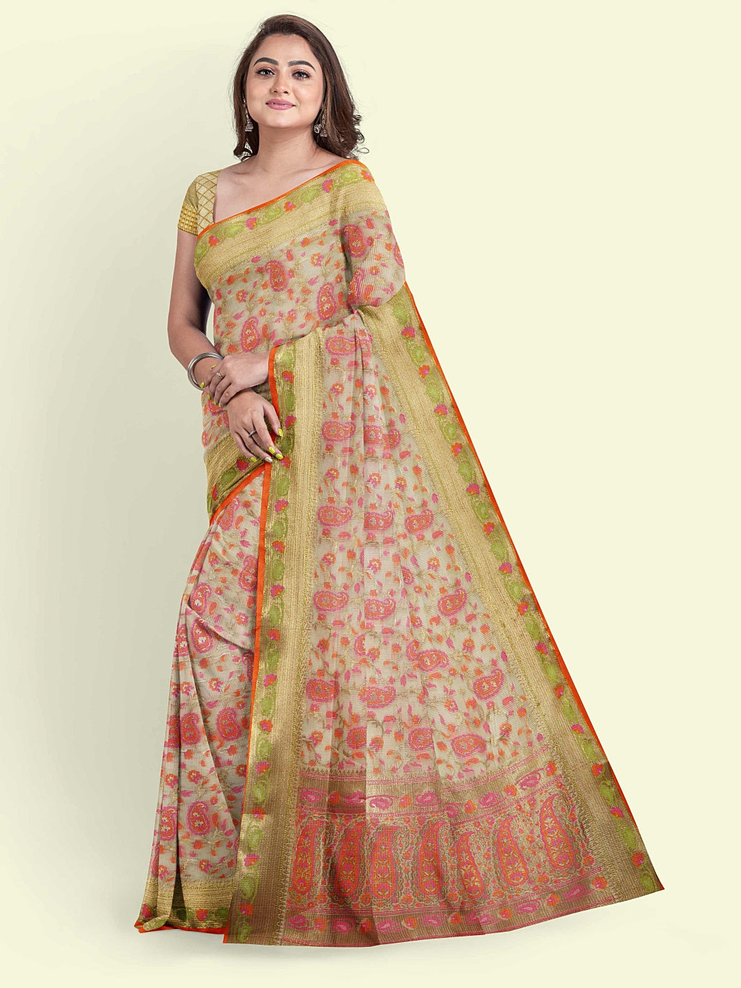 Beige Cotton Blend Banarasi Sarees For Women GEASF_713