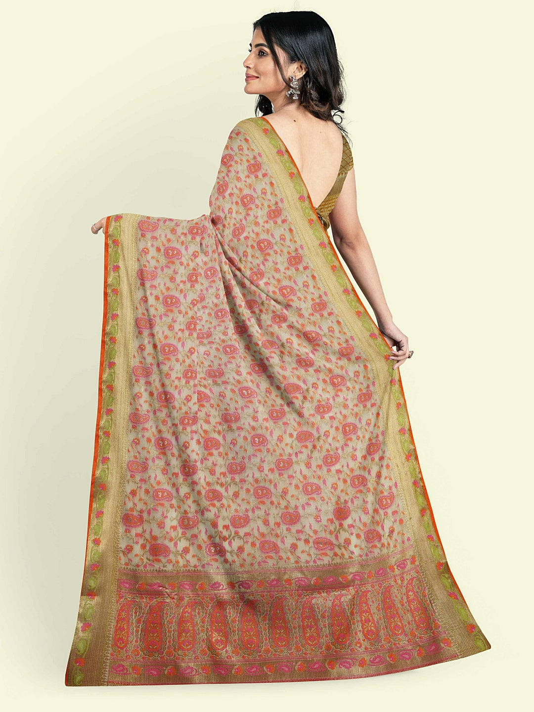 Beige Cotton Blend Banarasi Sarees For Women GEASF_713