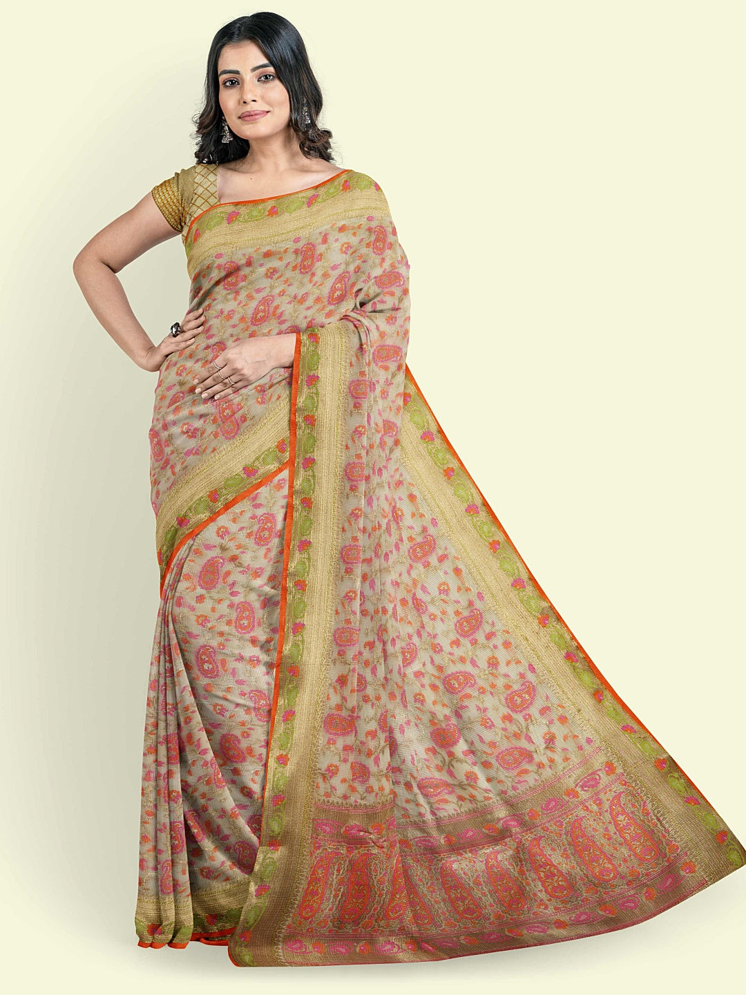 Beige Cotton Blend Banarasi Sarees For Women GEASF_713