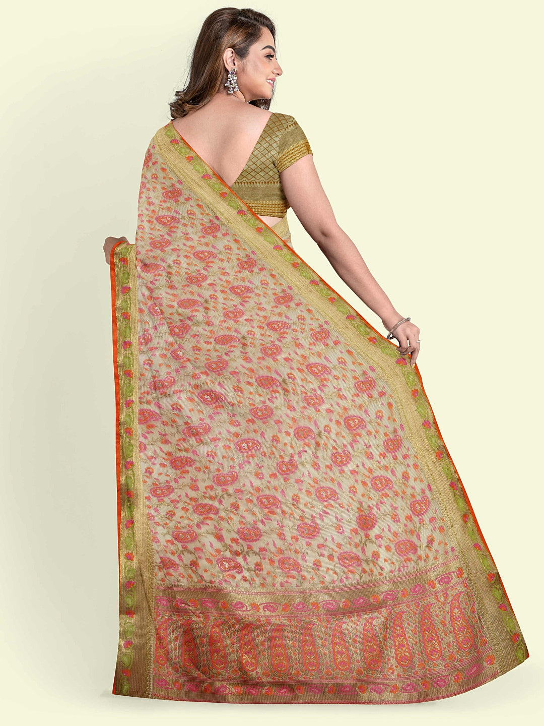 Beige Cotton Blend Banarasi Sarees For Women GEASF_713