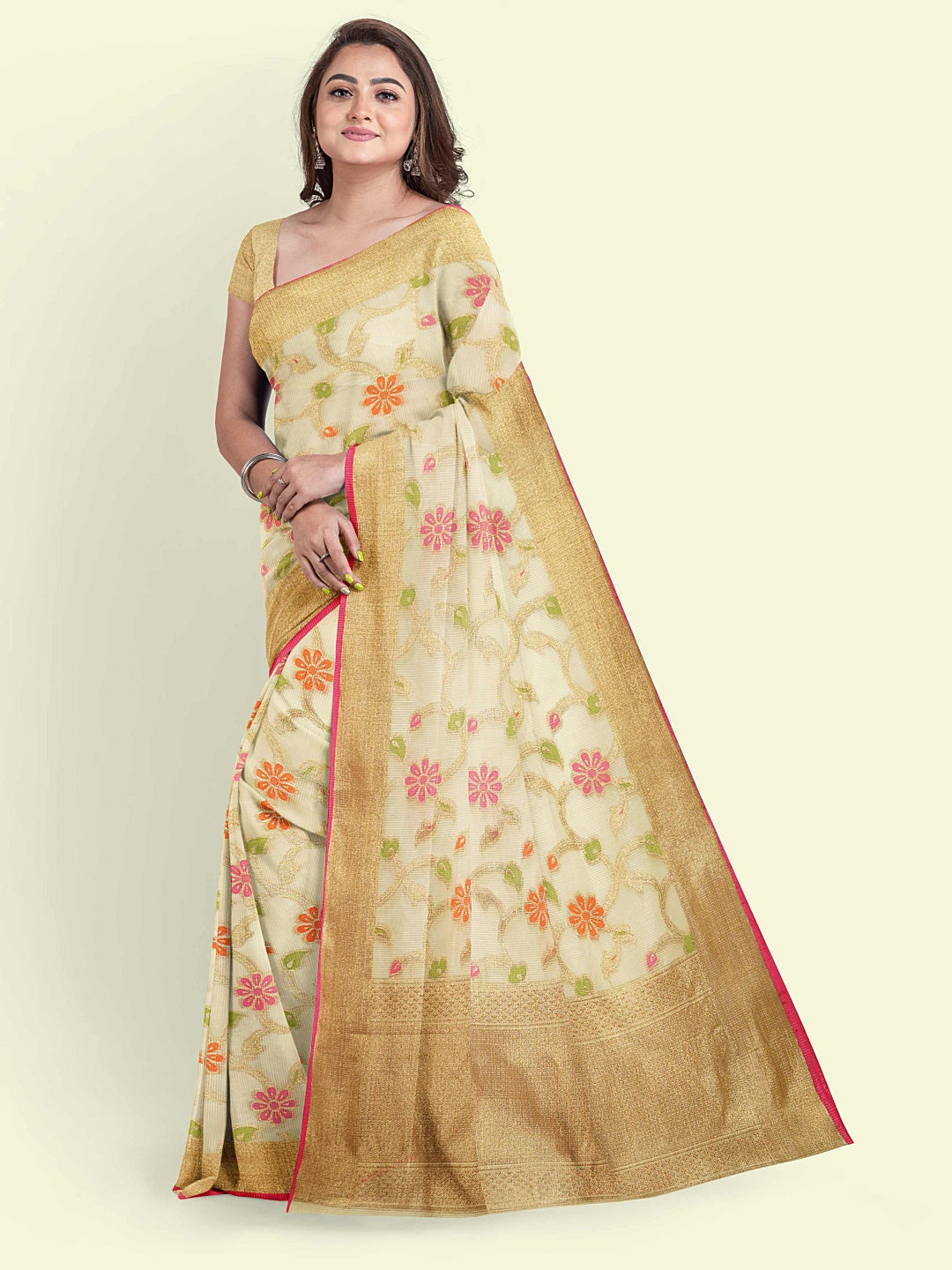 Faishana Presents Beige Cotton Tilfi Jaal Beige Border With Beige Blouse Banarasi Saree