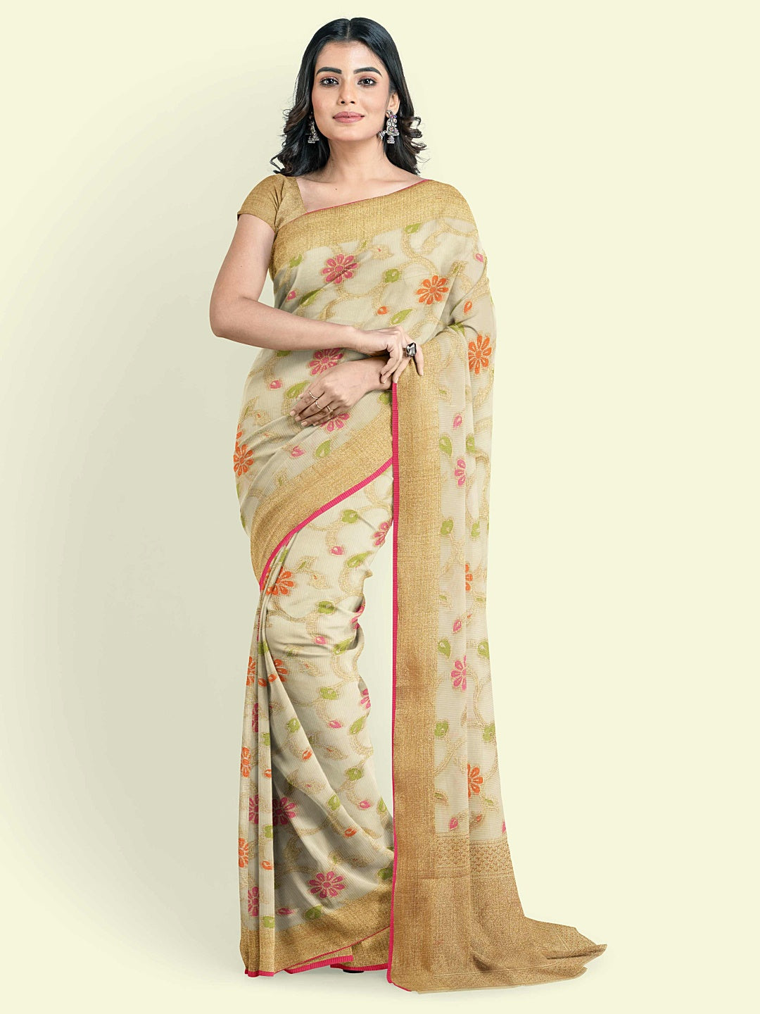 Faishana Presents Beige Cotton Tilfi Jaal Beige Border With Beige Blouse Banarasi Saree