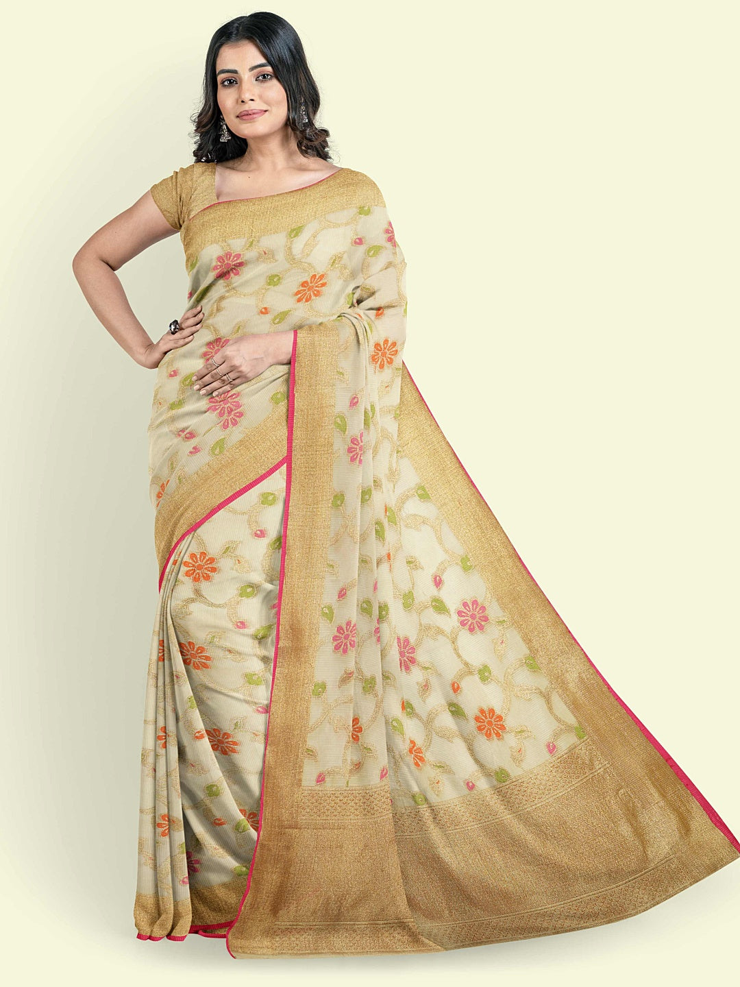 Faishana Presents Beige Cotton Tilfi Jaal Beige Border With Beige Blouse Banarasi Saree