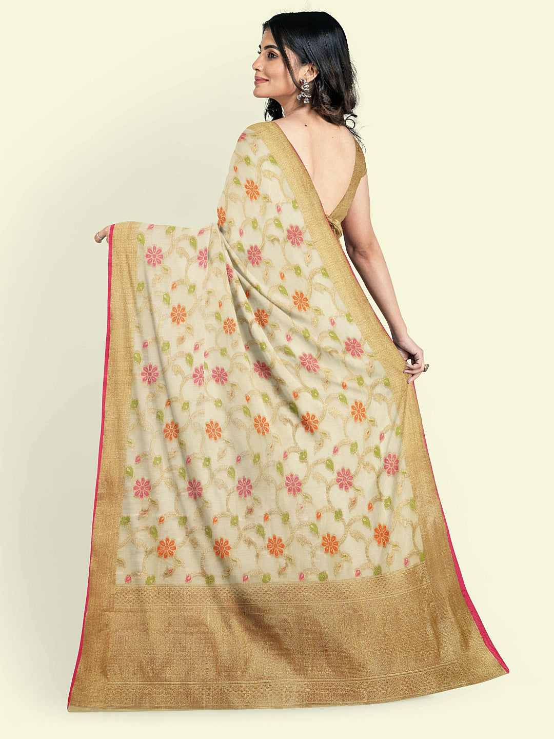 Faishana Presents Beige Cotton Tilfi Jaal Beige Border With Beige Blouse Banarasi Saree