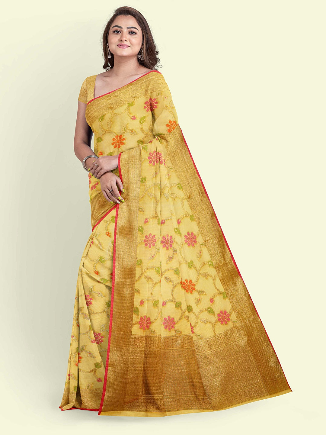 Faishana Presents Yellow Cotton Floral Meena Booti With Yellow Border And Yellow Blouse Banarasi Saree