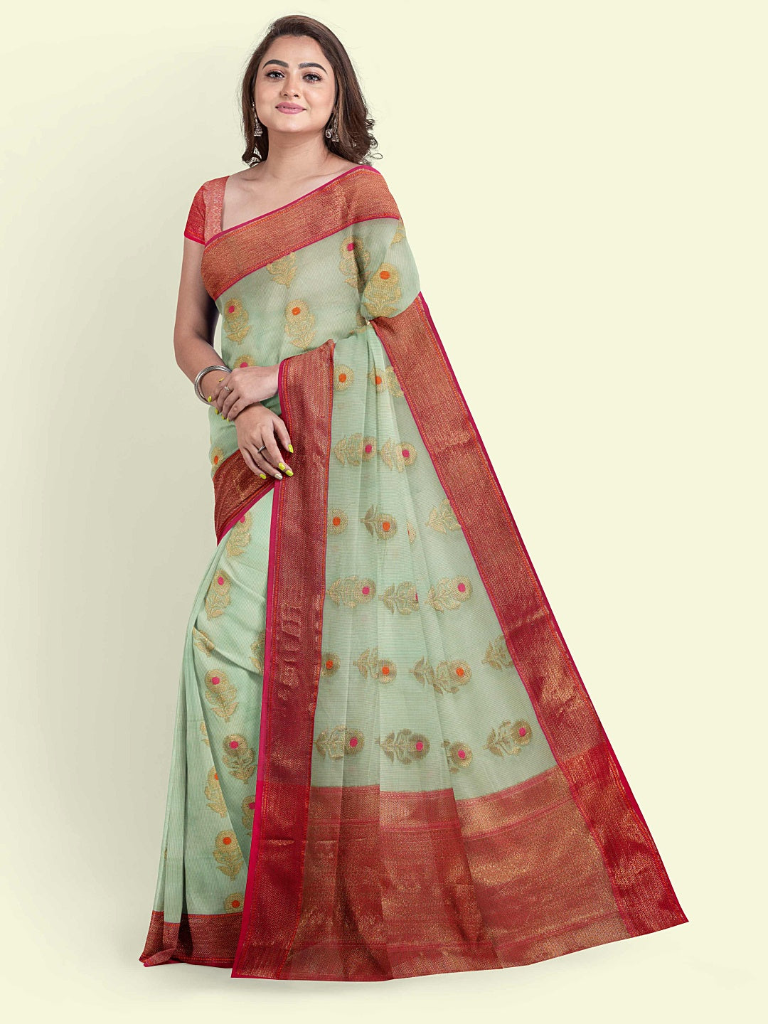 Faishana Presents Turquoise Blue Cotton Floral Meena Booti With Red Border And Red Blouse Banarasi Saree