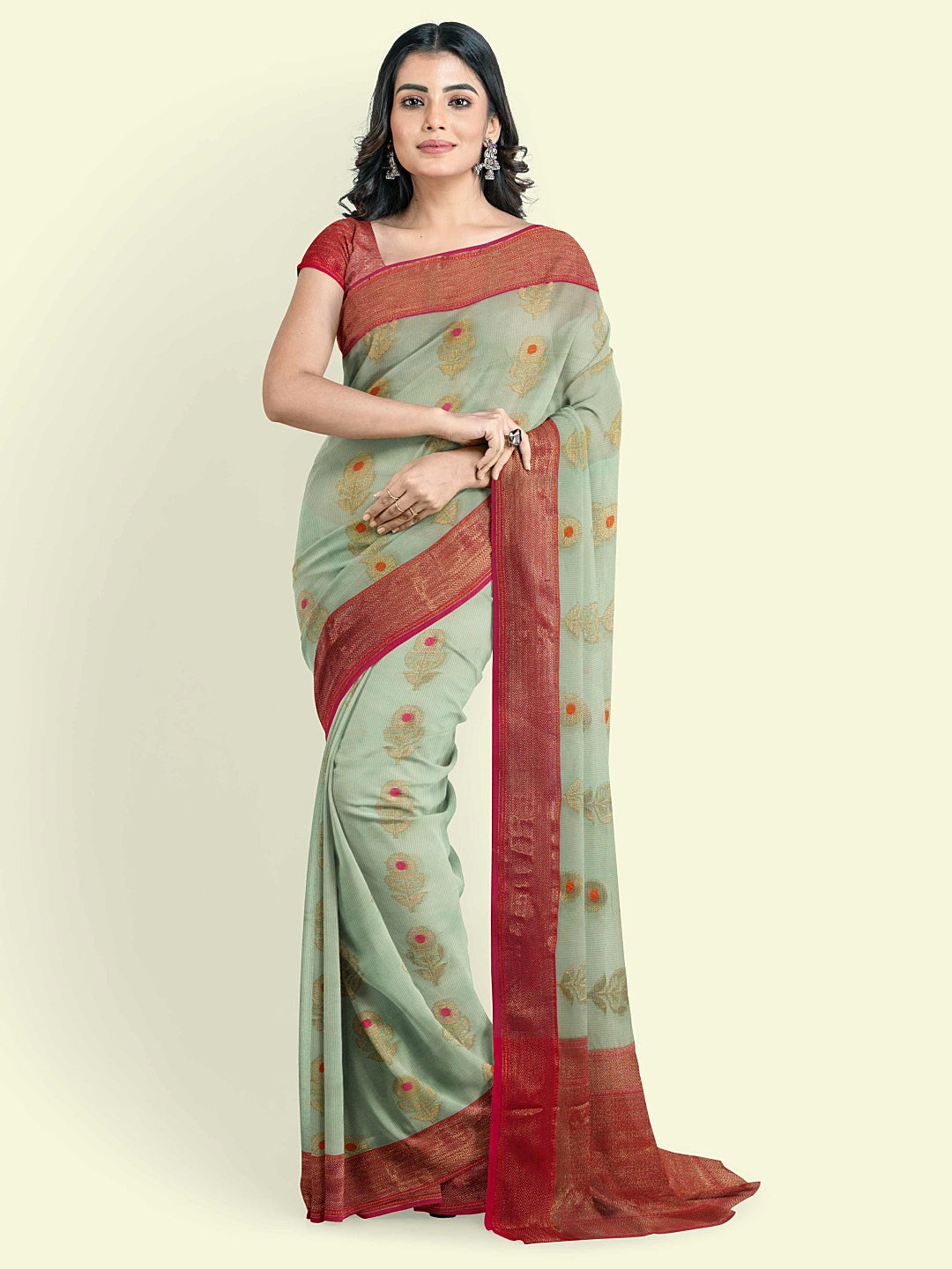 Faishana Presents Turquoise Blue Cotton Floral Meena Booti With Red Border And Red Blouse Banarasi Saree