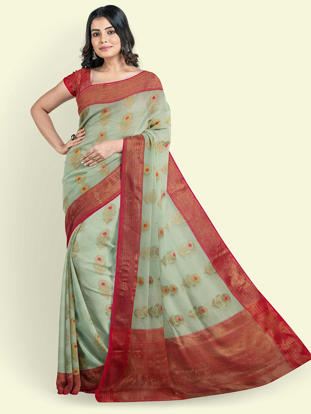 Faishana Presents Turquoise Blue Cotton Floral Meena Booti With Red Border And Red Blouse Banarasi Saree