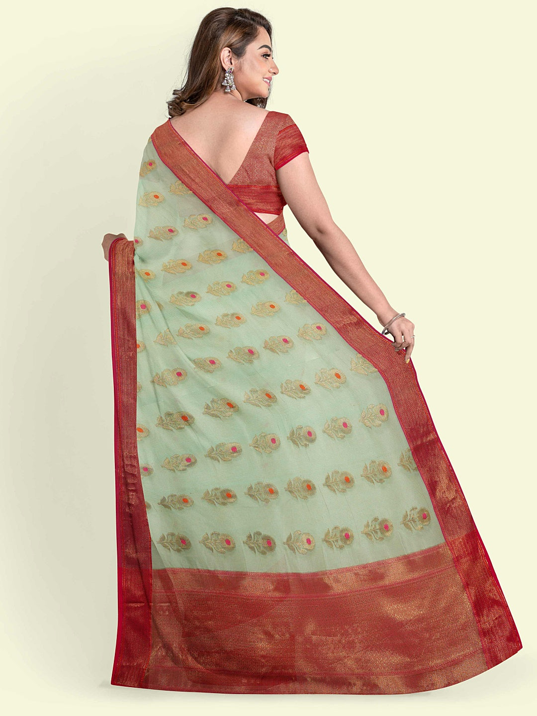 Faishana Presents Turquoise Blue Cotton Floral Meena Booti With Red Border And Red Blouse Banarasi Saree