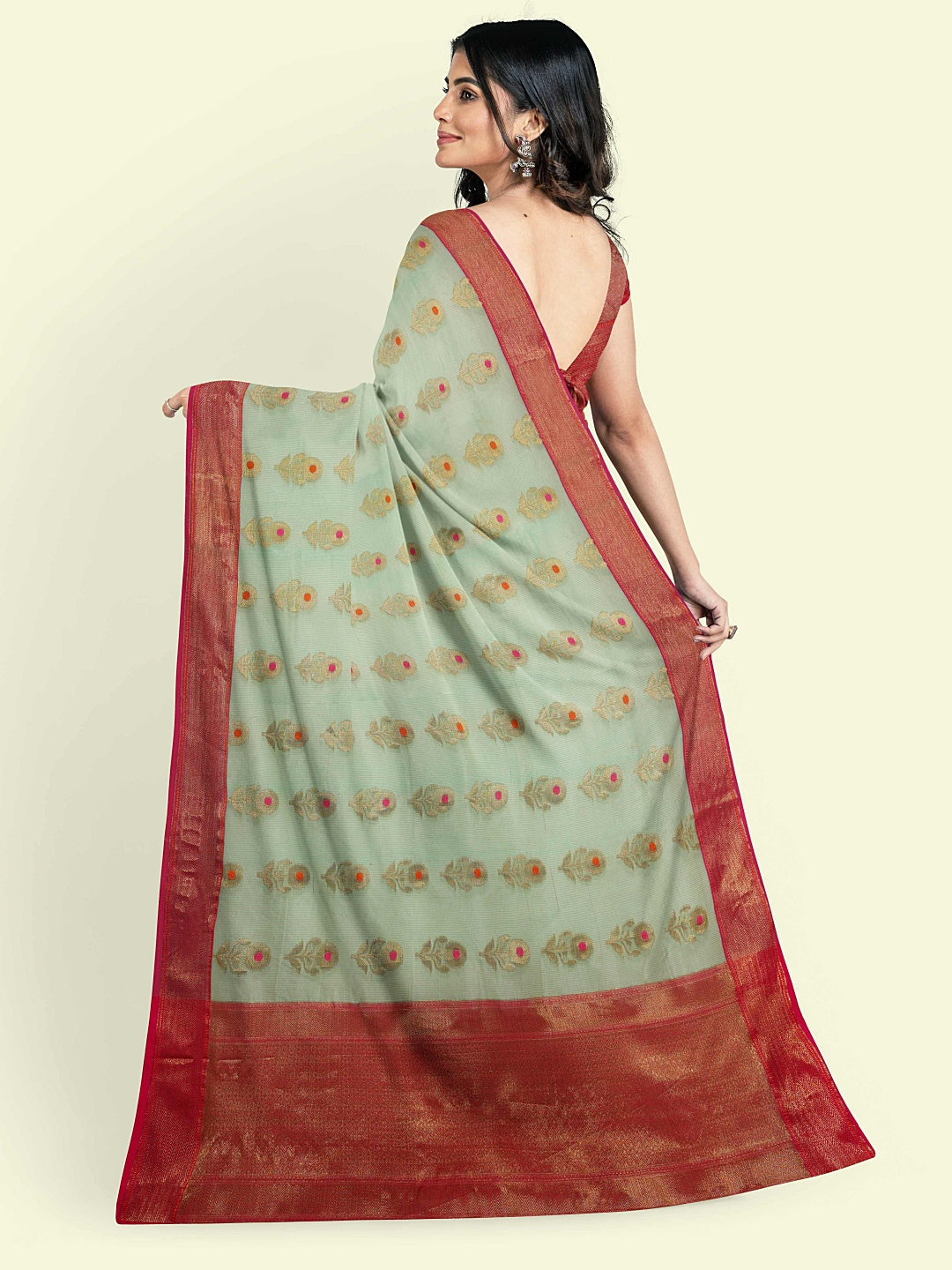 Faishana Presents Turquoise Blue Cotton Floral Meena Booti With Red Border And Red Blouse Banarasi Saree