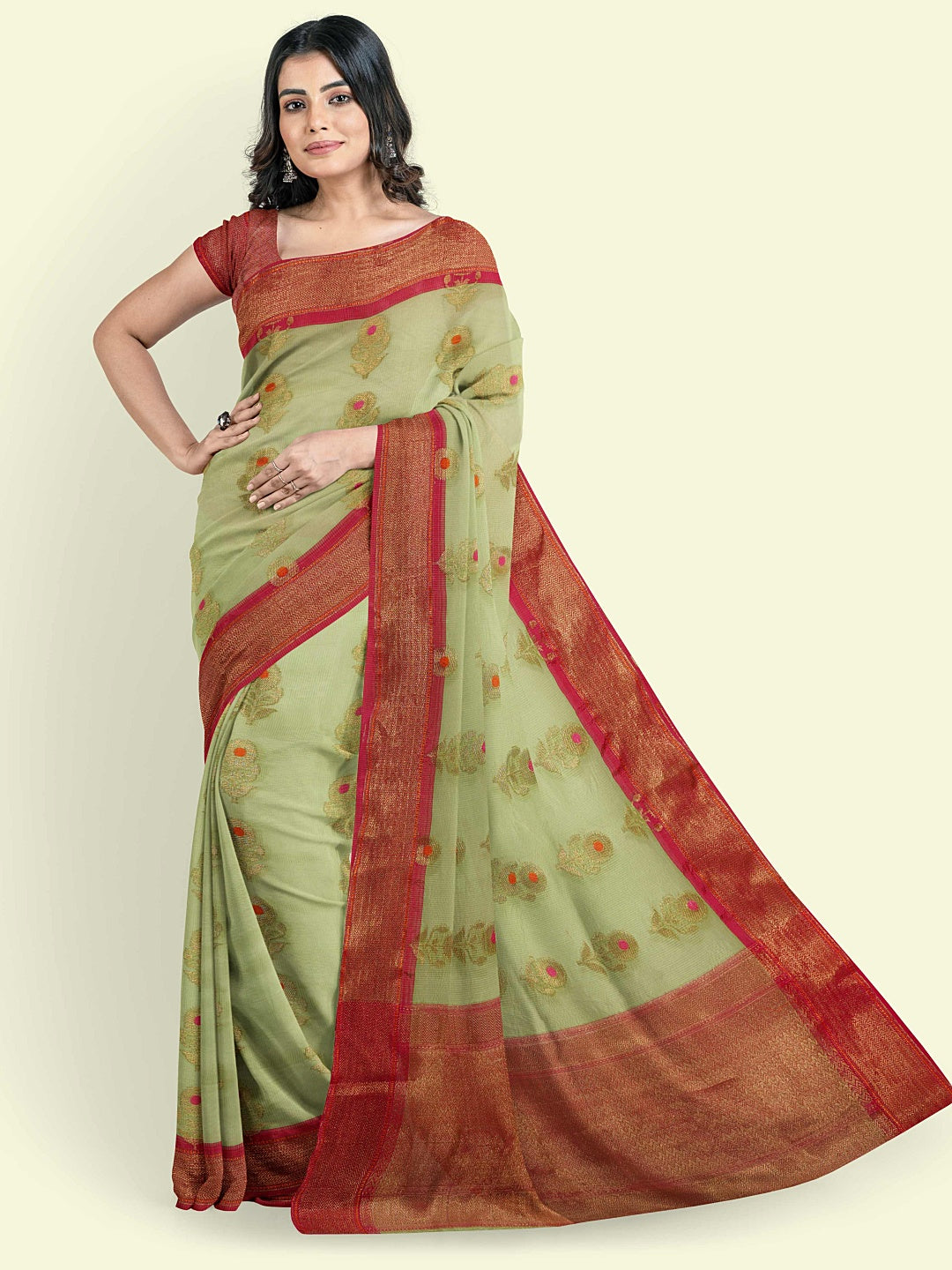 Faishana Presents Peach Cotton Alfi Jaal Red Border With Red Blouse Banarasi Saree