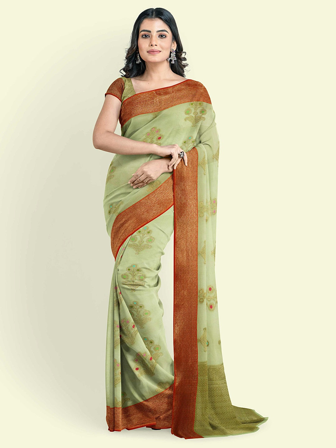 Faishana Presents Green Cotton Paisley Booti Check Border With Green Blouse Banarasi Saree