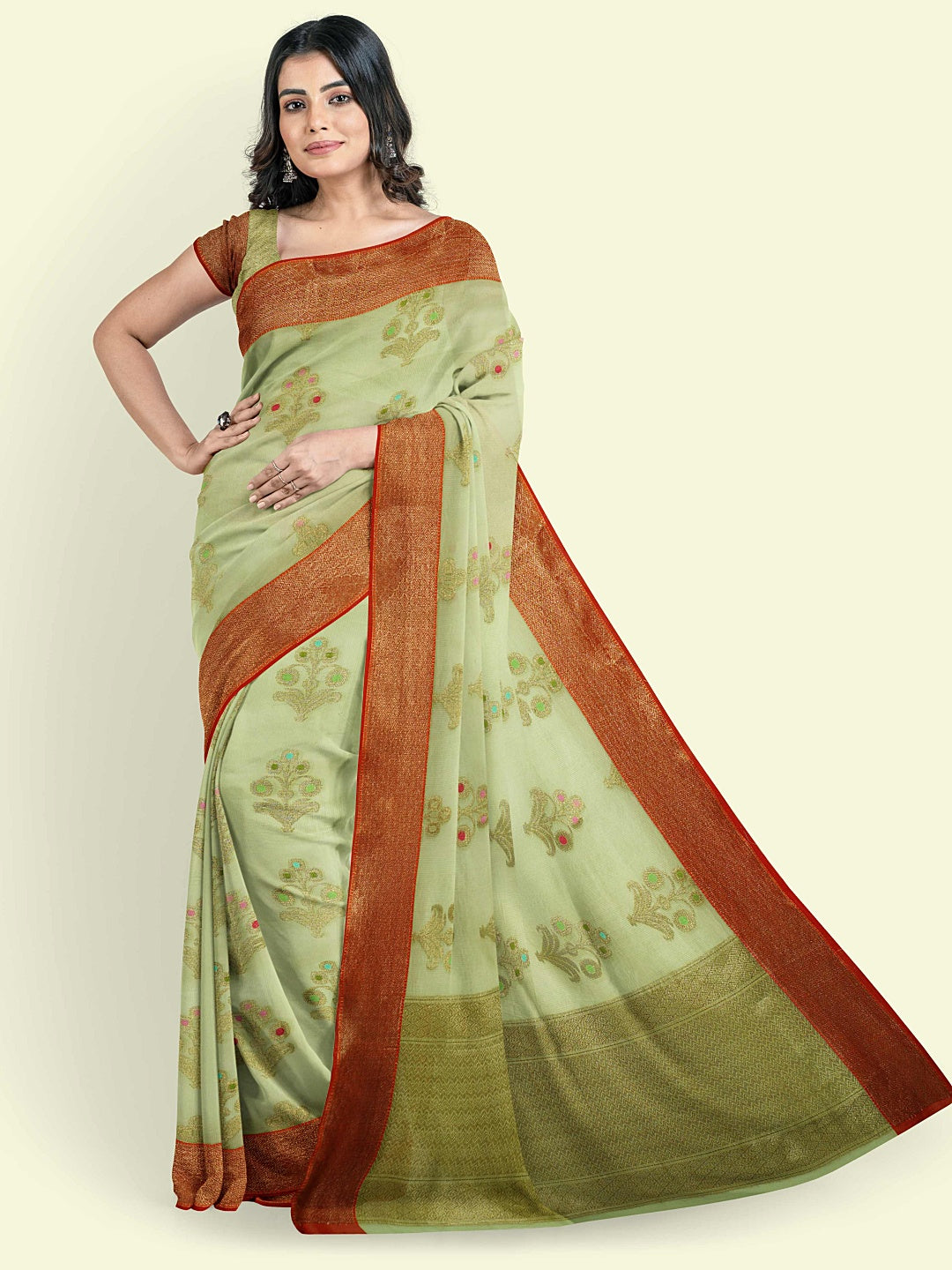 Faishana Presents Green Cotton Paisley Booti Check Border With Green Blouse Banarasi Saree