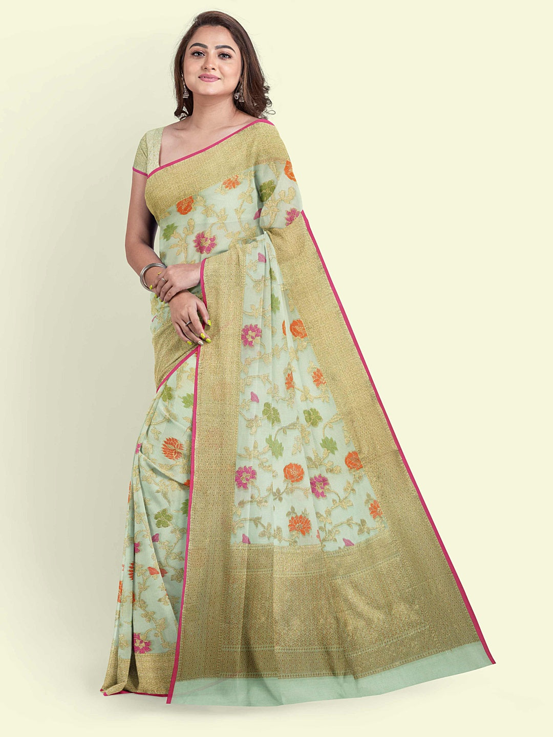 Faishana Presents Green Cotton Abstarct Pattern With Green Blouse Banarasi Saree